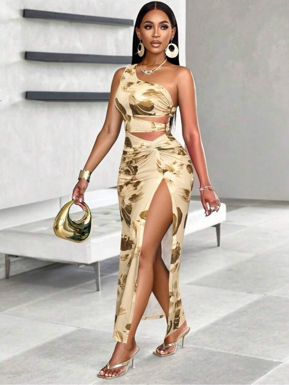One-Shoulder Cutout Maxi Dress in Beige Floral